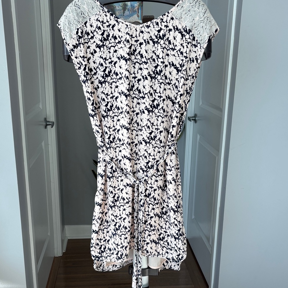 French Connection Black and Cream Patterned Shirt Dress With Lace Detail